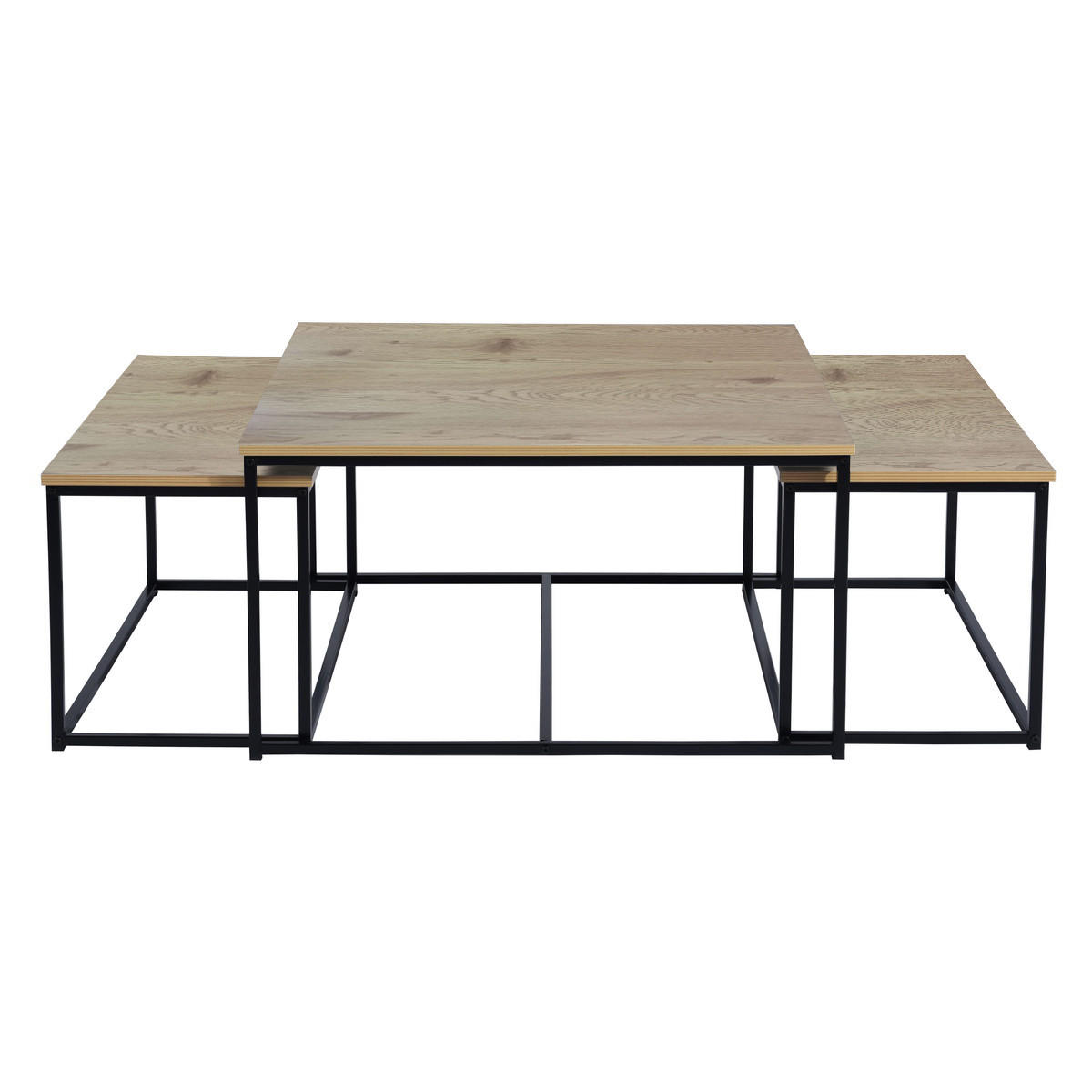 SATZTISCH 3er-Set modern industriell - Eichefarben/Schwarz, Holz/Metall (80/80/45cm) - Urban Meuble