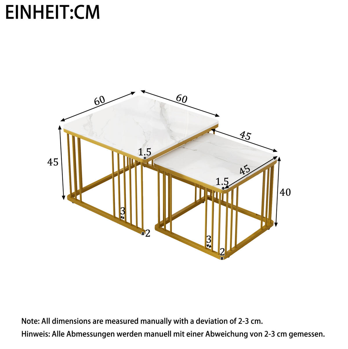 COUCHTISCH 2er-Set ineinanderschiebbar 60 x 60/45 x 45 cm Marmoroptik Weiß - Weiß, Metall (60/60/45cm) - Meubliv