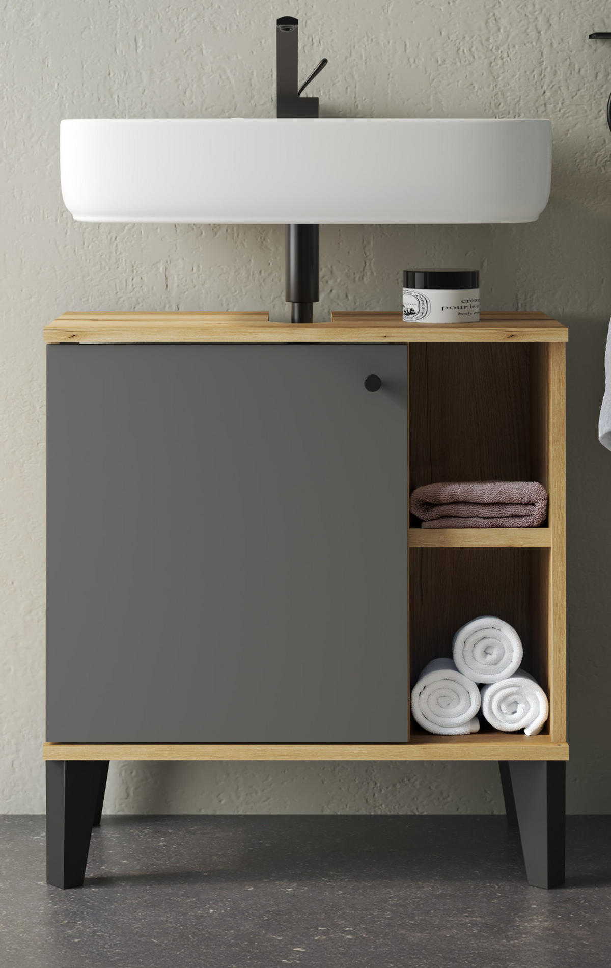 WASCHBECKENUNTERSCHRANK grau, Evoke Eiche, Badezimmer Unterschrank, 60 cm - Eichefarben/Schwarz, Holzwerkstoff/Kunststoff (60/65/33cm) - Furn.Design