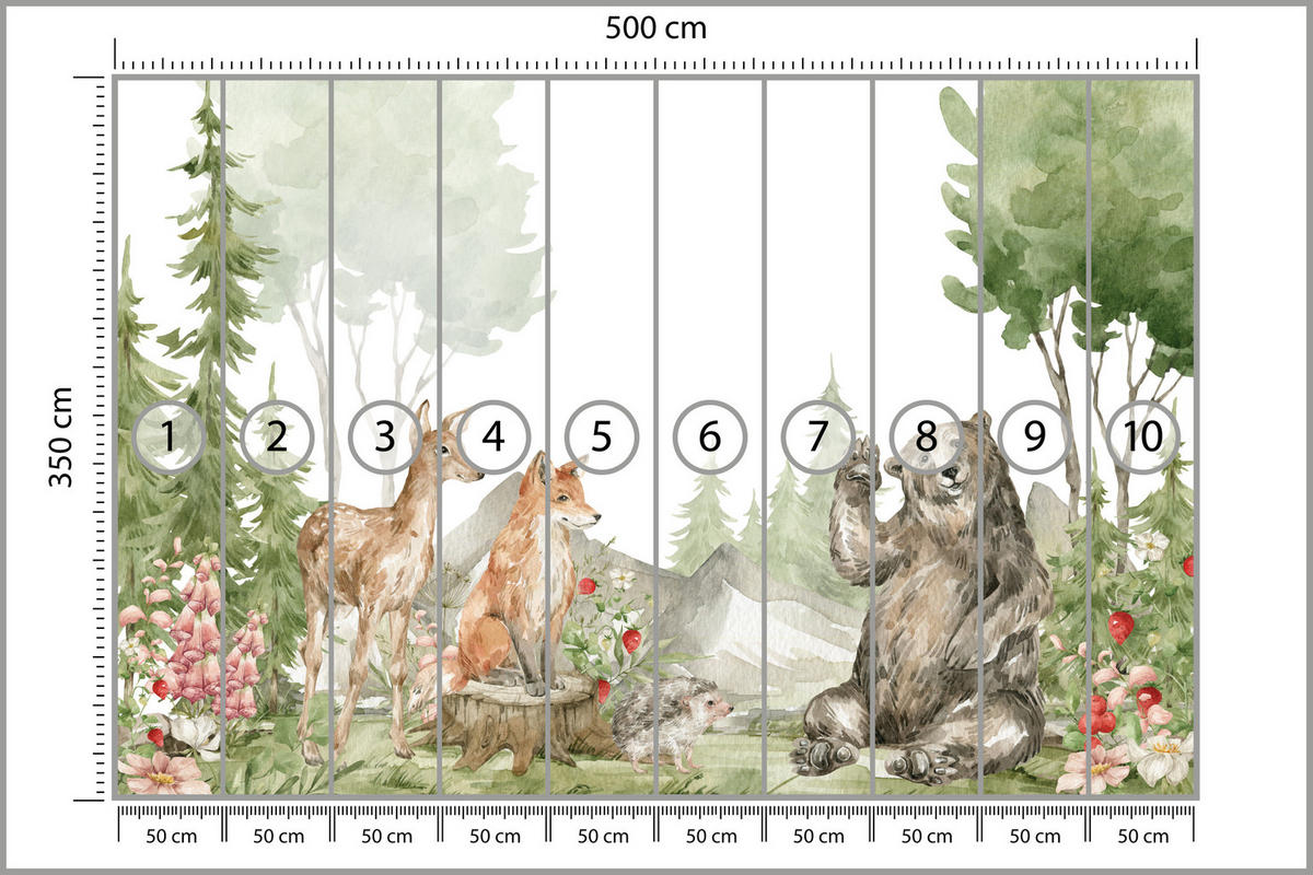 FOTOTAPETE für Kinderzimmer Aquarell Waldtiere Fuchs Reh Tragen 500x350 - Multicolor, Papier (500/350cm) - Muralo