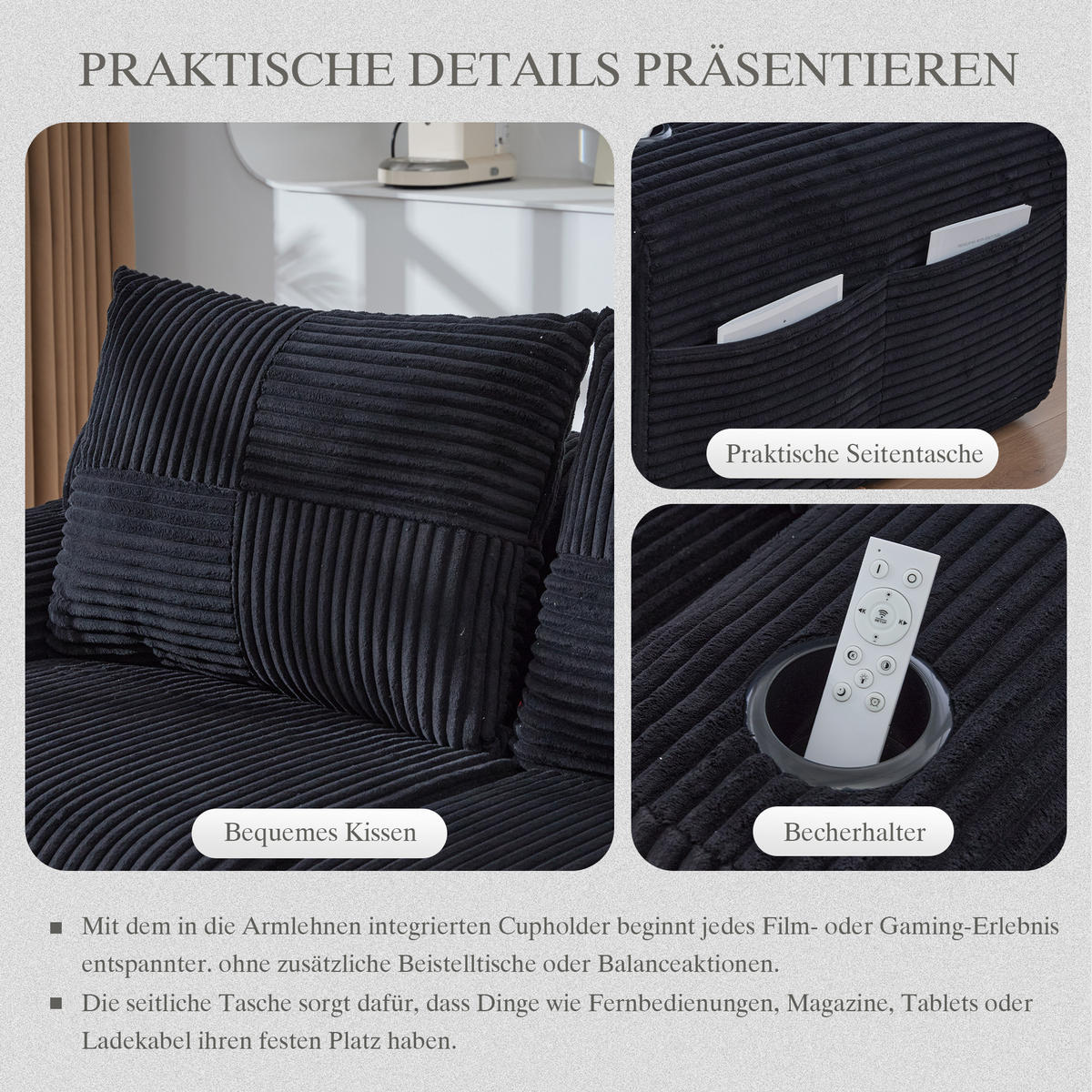 WOHNLANDSCHAFT 4-Sitzer mit 2 Hockern Getränkehalter und Seitentasche 333/174/80 cm Schwarz - Schwarz, Textil (174/80/333cm) - Redom