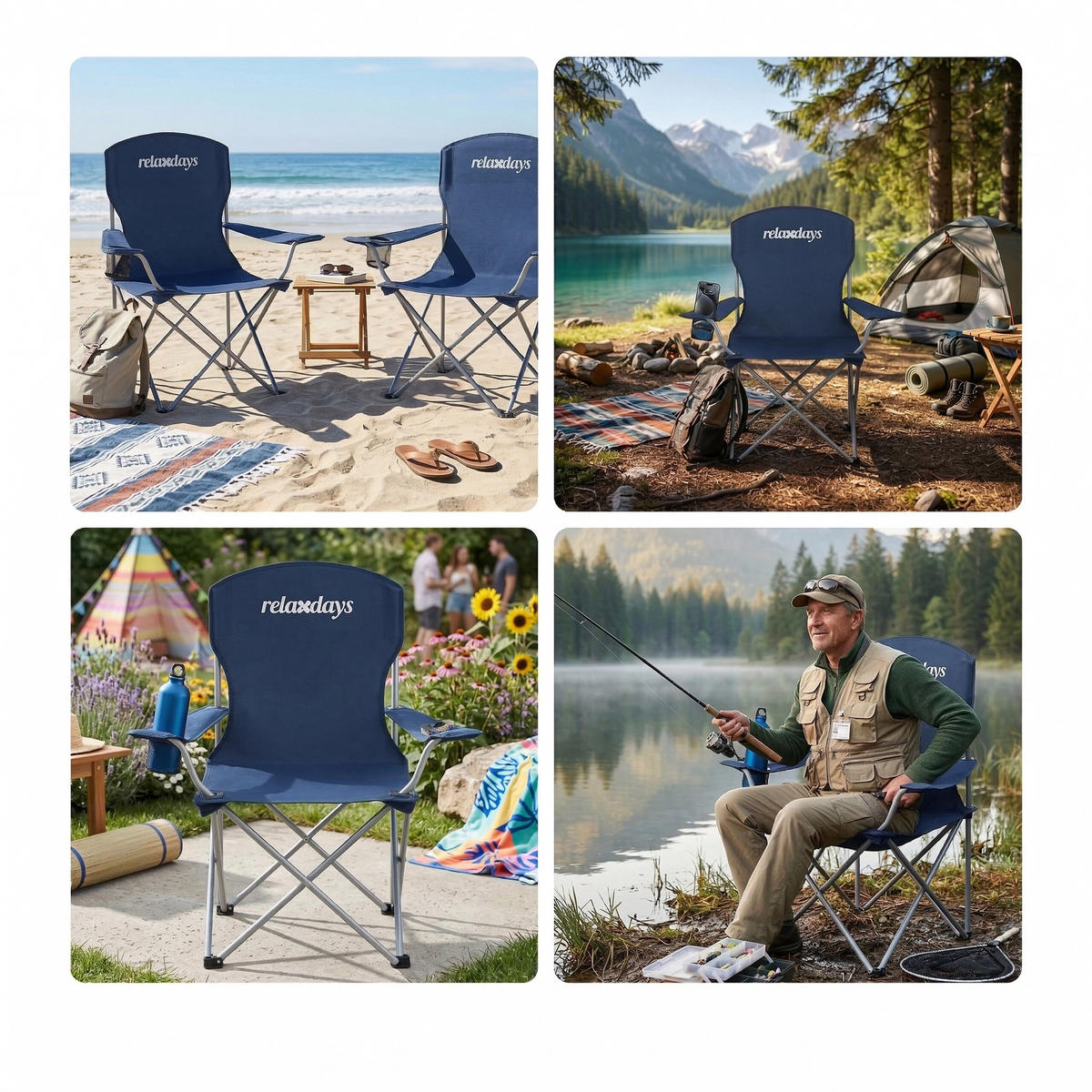 2XSKLÁDACÍ židle - tmavě modrá, kov/textil (81/97/54cm) - Relaxdays