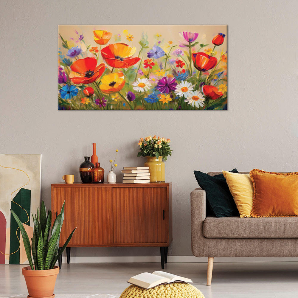 LEINWANDBILD Bunte Mohnblumen auf der Wiese 100x50cm - Multicolor, Textil (100/50cm) - Feeby