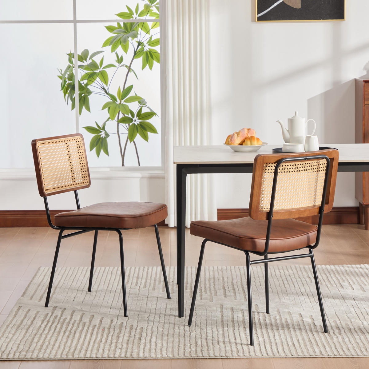 STUHL-SET DE-36881 2 Stück mit PU-Leder und Rattan-Optik Braun - Braun, Metall (58/82/47cm) - ComfortXL