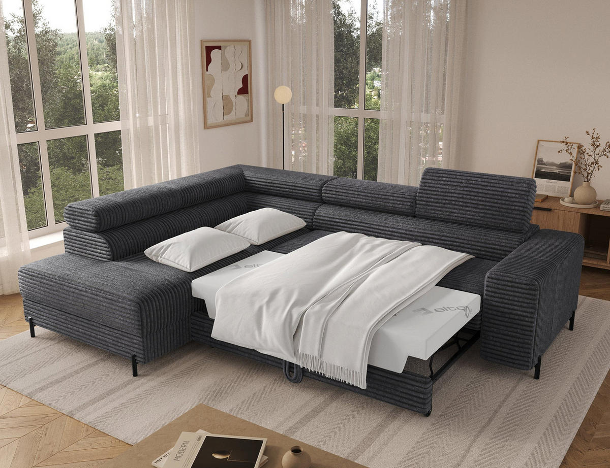 ECKSOFA COLESIO L-Form, Schlaffunktion, Bettkasten, verstellbare Kopfstützen, Wellenfederung, Metallfüße, breiter Cordstoff - Anthrazit/Schwarz, Kunststoff/Metall (269/204cm) - Wohnideebilder
