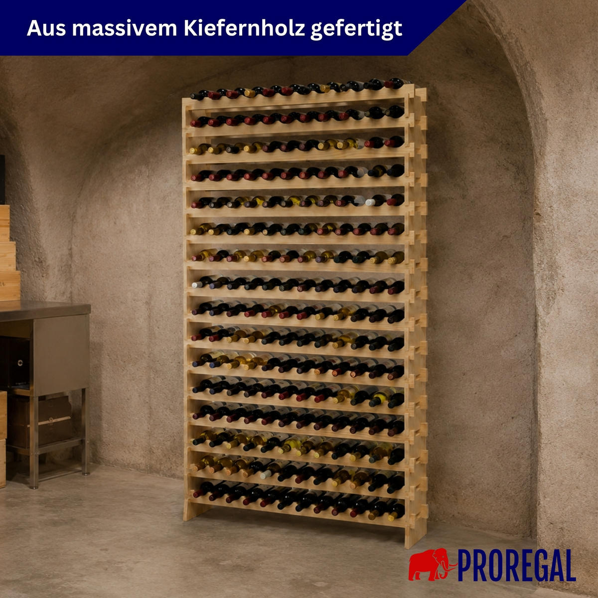 WEINREGAL NAVARRA aus Holz 219x123x28cm 192 Flaschen auf 16 Ebenen Natur unbehandelt - Naturfarben, Holz (123/219/28cm) - PROREGAL