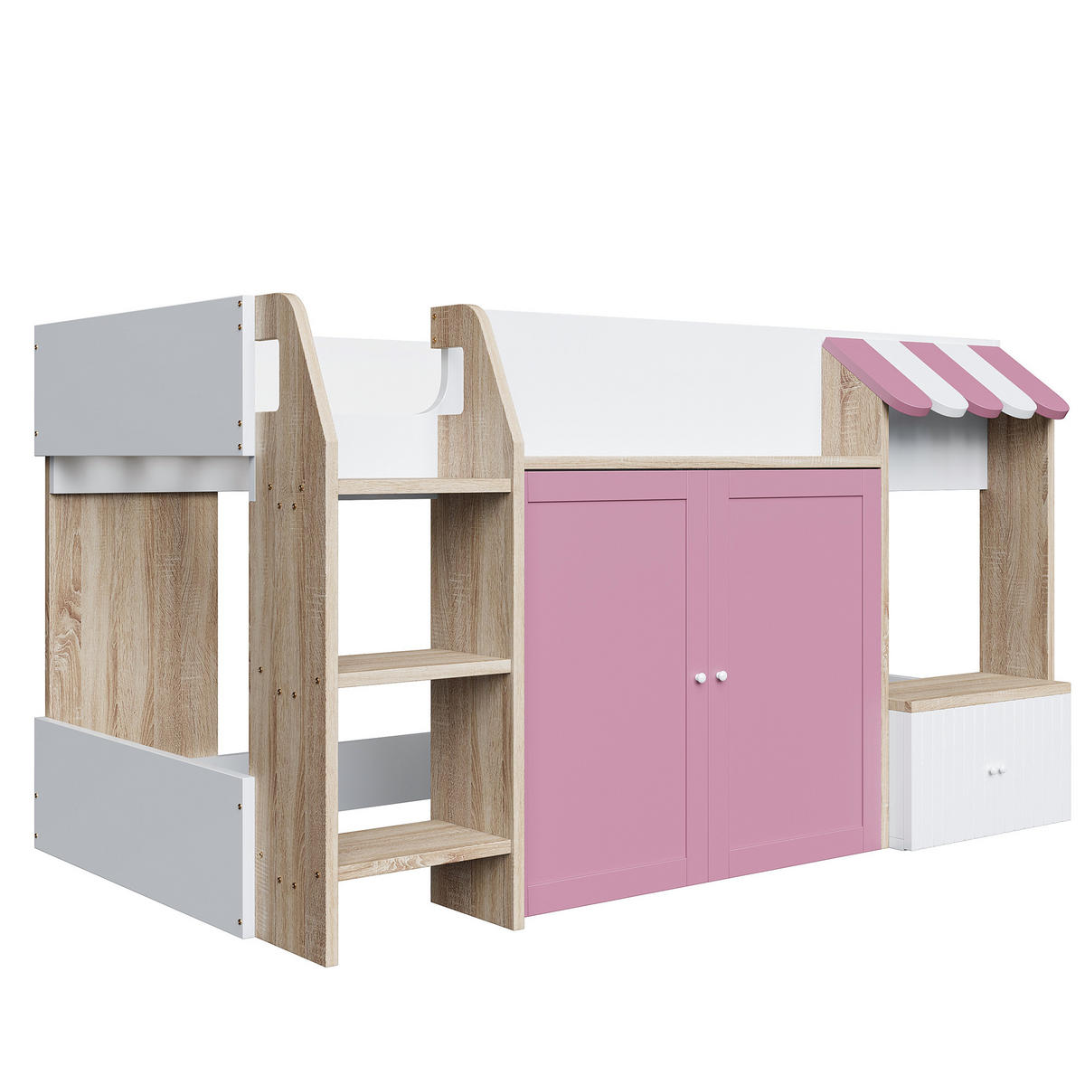 HOCHBETT aus Holz 90x200 cm in Rosa mit Leiter & Stauraum - Rosa, Holzwerkstoff (90/200cm) - Modfu