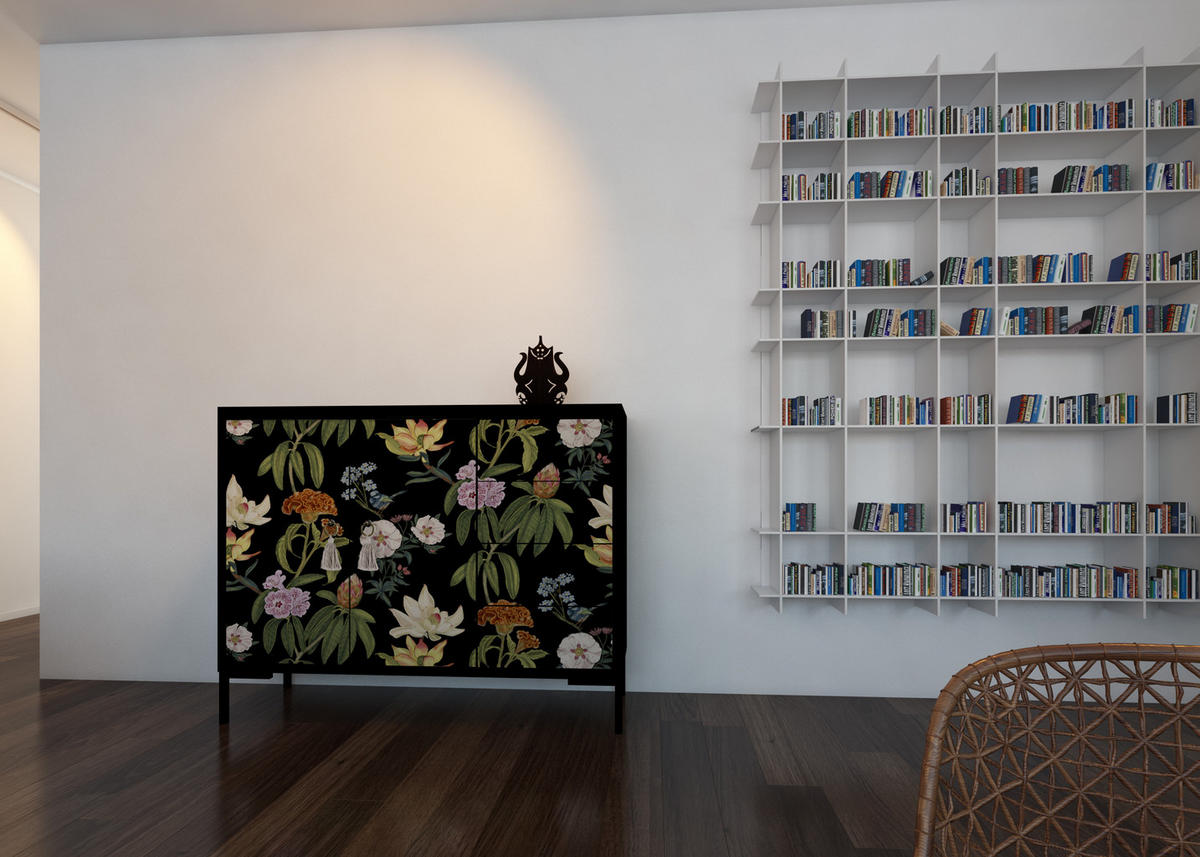 KOMMODE 2 Türen und 4 Schubladen MDF schwarzem Blumendruck WILMA JARA - Multicolor/Schwarz, Holzwerkstoff (45/84/113cm) - RNT By Really Nice Things