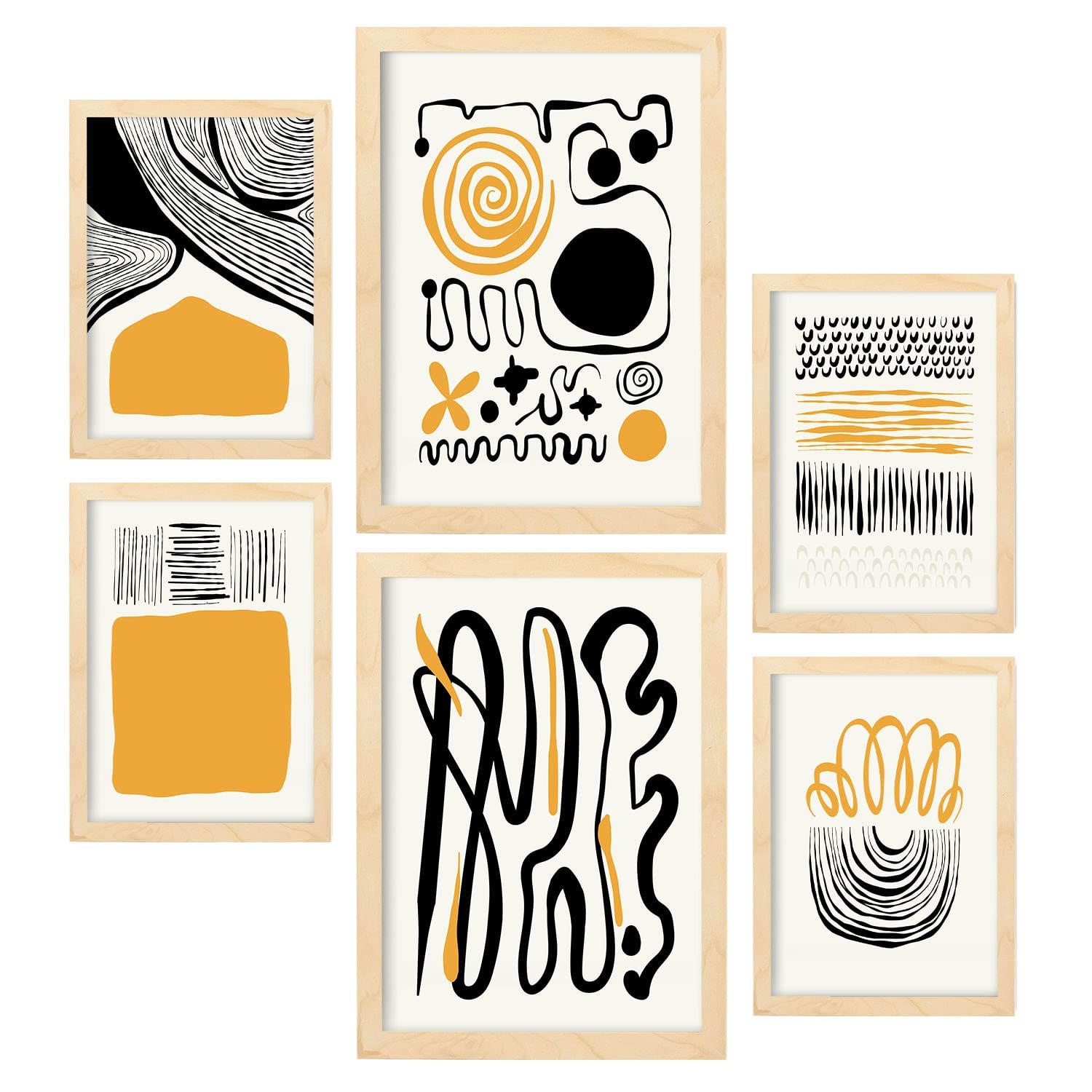 POSTER Set Mit 6 In Schwarzer Tinte Emotionen Künstlerische Und Abstrakte Drucke Für Innenarchitektur A3 & A4 Rahmen Aus Hellem Holz - Beige, Papier (29/3cm) - Nacnic