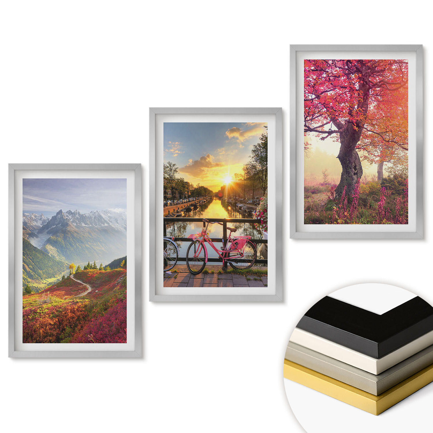 WANDBILDER 3er Set - 40x60 cm Silberner Rahmen - Berglandschaften mit dem Fahrrad - Silberfarben, Kunststoff (40/60cm) - ArtPrintCave