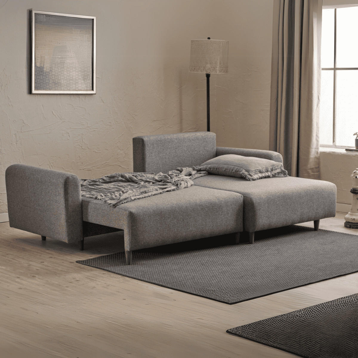 ECKSOFA mit Schlaffunktion und rechtsseitiger Récamiere aus Stoff - mane 246/160/85 cm - Grau, Holz (160/246cm) - Calicosy