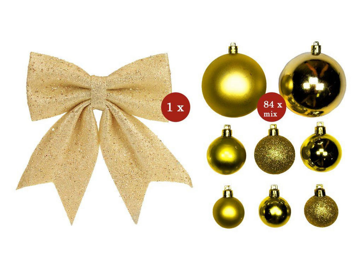 WEIHNACHTSBAUMSCHMUCK-SET GOLDWEIHNACHTEN 85-teilig, für Weihnachtsbäume 240–270 cm, inkl. Aufbewahrungsbox - Champagner/Goldfarben, Kunststoff/Textil (55/50/75cm) - LAALU