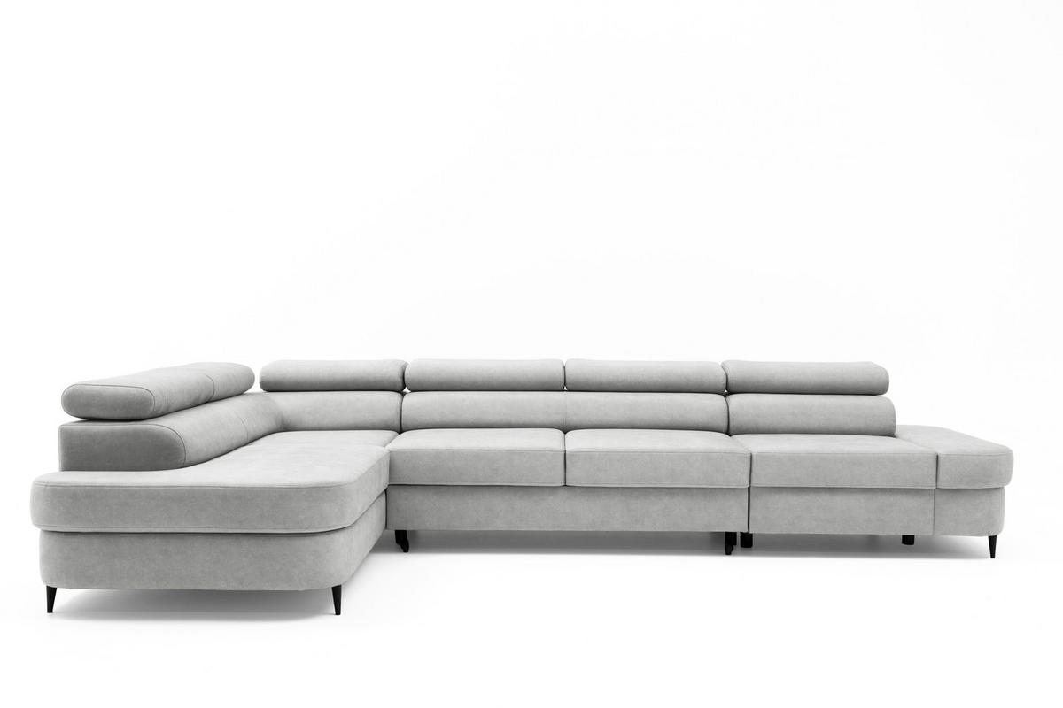 ECKSOFA PRIAM MAXI L-Form mit Schlaffunktion & Bettkasten, 6-Sitzer, 350cm, Verstellbare Kopfstützen Ottomane links - Hellgrau, Holz/Textil (350/203cm) - Muffo