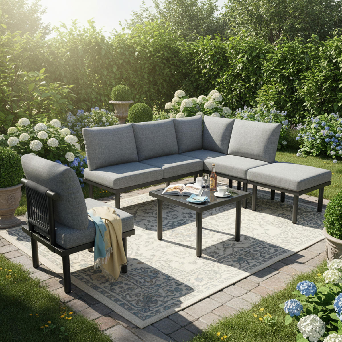 LOUNGEGARNITUR 6-teiliges Set Garten-Lounge-Set MIT VERSTELLBAREN FÜßEN Seiloptik Grau für Terrasse und Balkon - Grau, Metall - Rolipo