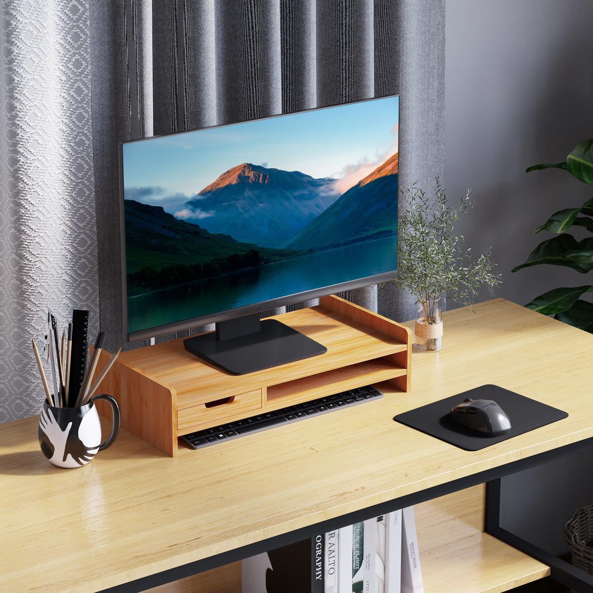 MONITORSTÄNDER Mit Schubladen Bildschirmständer Schreibtisch-Organizer Natur - Naturfarben, Holz (49/25.5/11.5cm) - HOMCOM