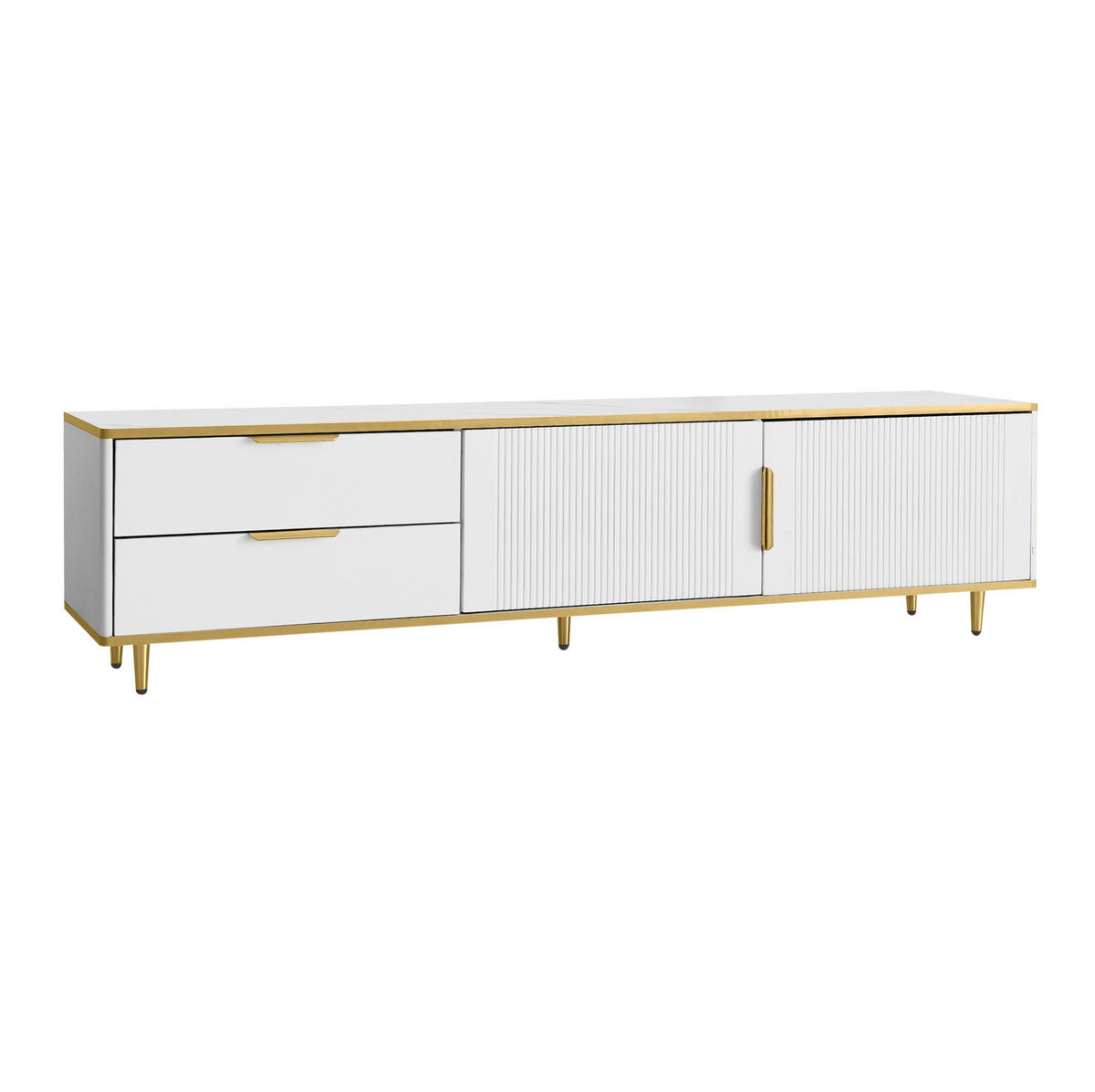 TV-LOWBOARD aus MDF und Holzwerkstoff 170x37x45 cm Weiß/Gold mit 2 Schubladen und geschnitzten Fronten - Weiß, Holzwerkstoff (175/45/40cm) - Modfu