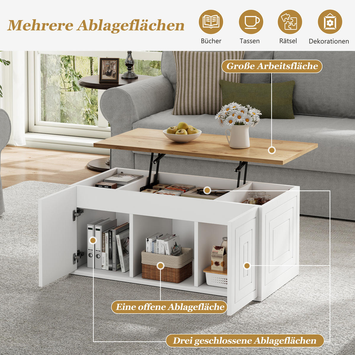 COUCHTISCH Höhenverstellbarer Multifunktionstisch mit Stauraum, Rillen-Design, Doppeltür-Schrank, Holz/Weiß - Weiß, Holzwerkstoff (95/46/45cm) - EVRYAE