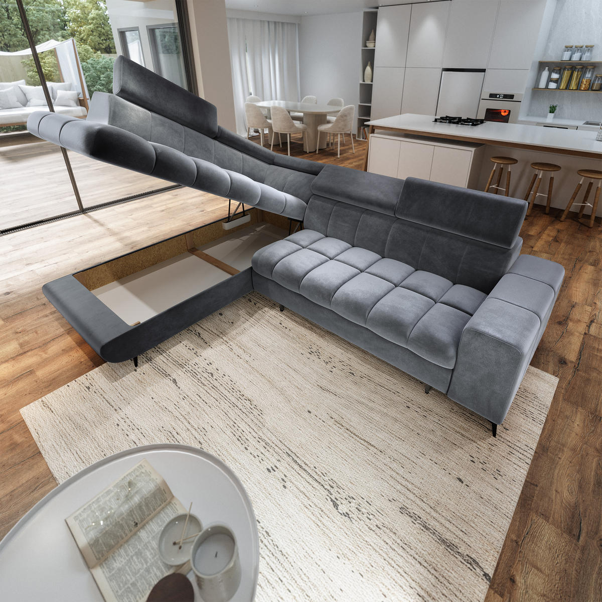 ECKSOFA MORIVA L-S Grau Velours-Stoff mit Schlaffunktion - Grau, Holz (253/190cm) - MASSENO