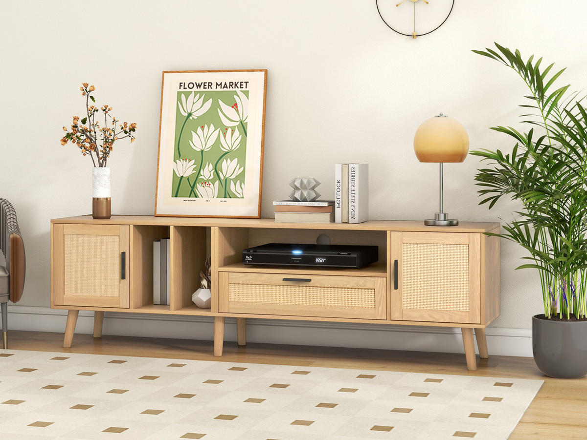 TV-SCHRANK in Eiche-Optik mit Rattan-Front, 2 Türen und 1 Schublade 180/40/48 cm - Eichefarben, Holzwerkstoff (180/54/40cm) - Redom