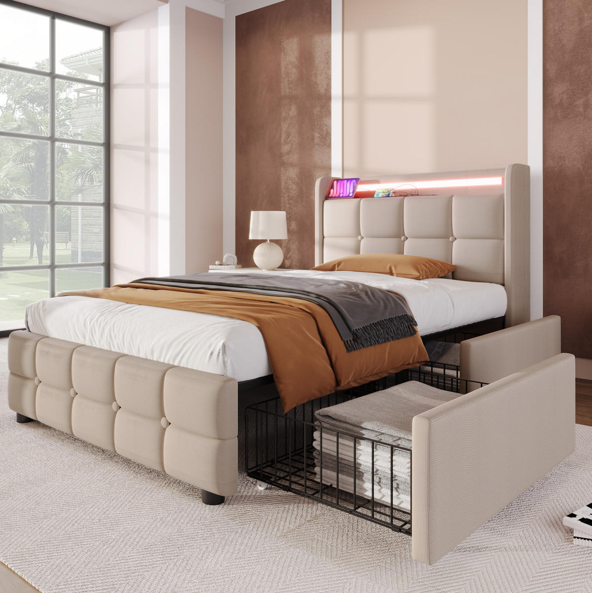 POLSTERBETT 90/200 cm mit USB, Steckdosen, LED-Beleuchtung, 2 Schubladen und Leinenbezug, Beige - Beige, Holz (90/90cm) - Redom