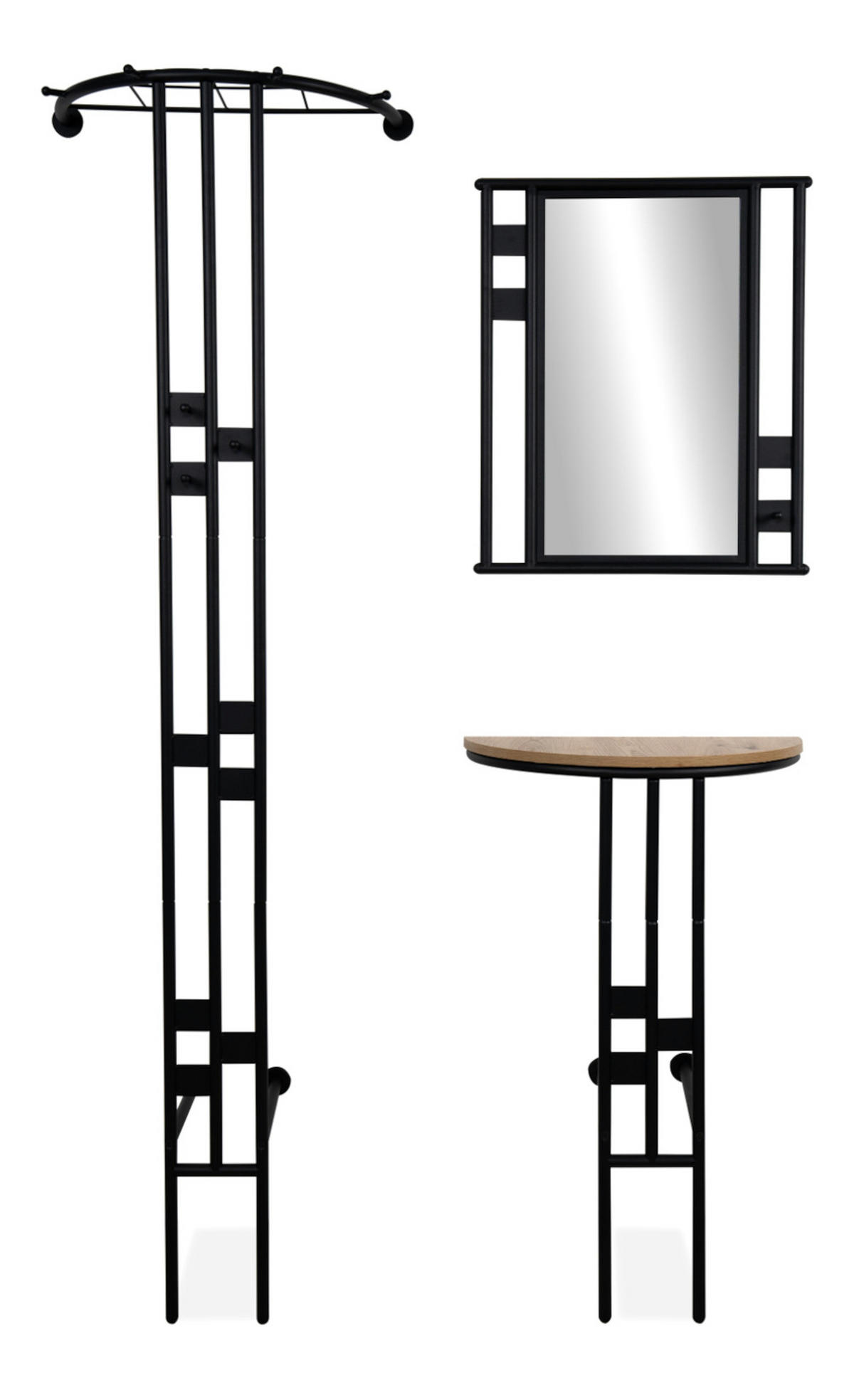 GARDEROBEN-SET 3-teilig schwarz Metall 130 cm, Flurgarderobe mit Spiegel - Schwarz, Metall (130/185/28cm) - Furn.Design