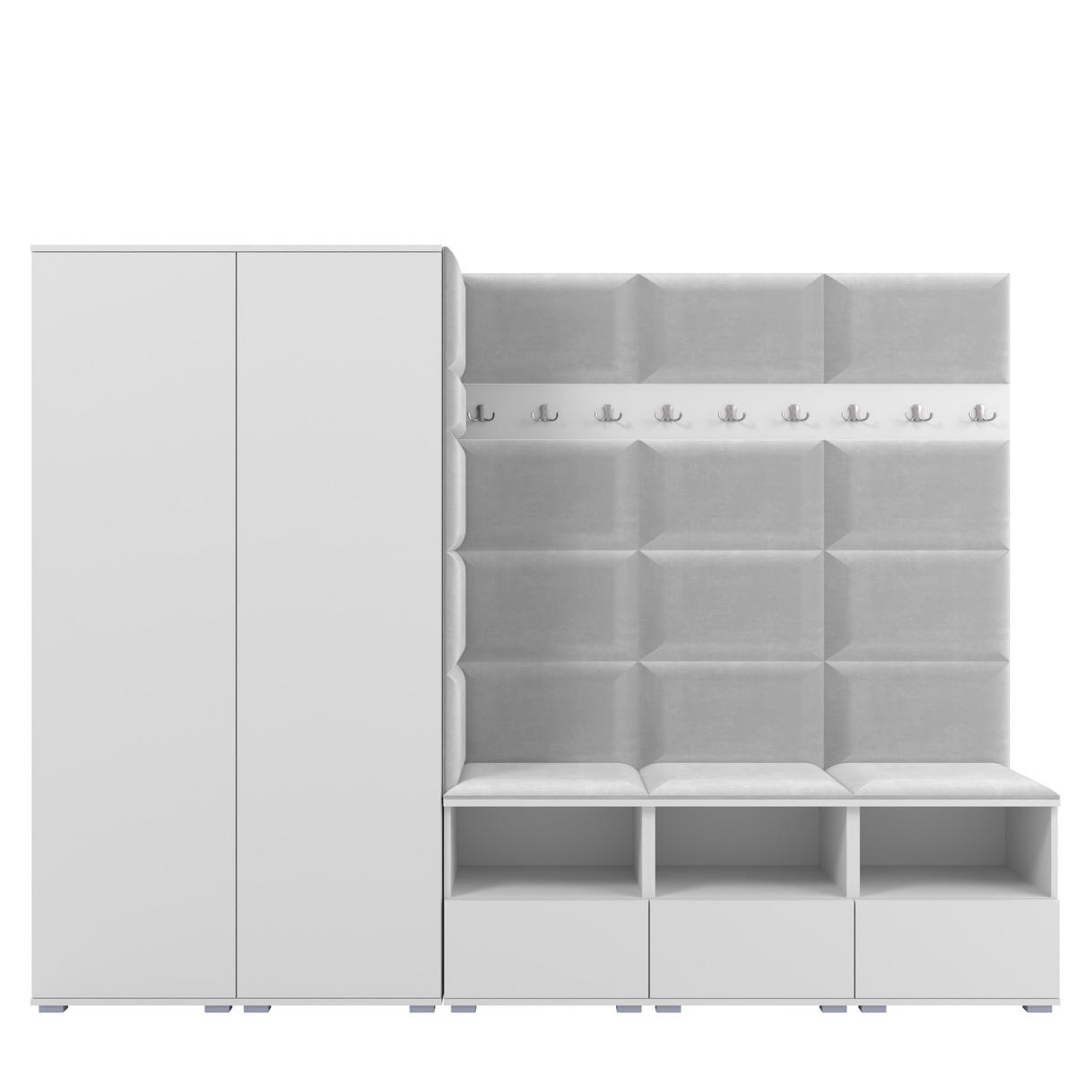 GARDEROBE NELA VII 250 cm (Modulare Flurmöbel XL Weiß mit Sitzpolster Hellgrau 32 2 Schränke) - Silberfarben/Hellgrau, Holz/Holzwerkstoff (250/187/40cm) - Ravio