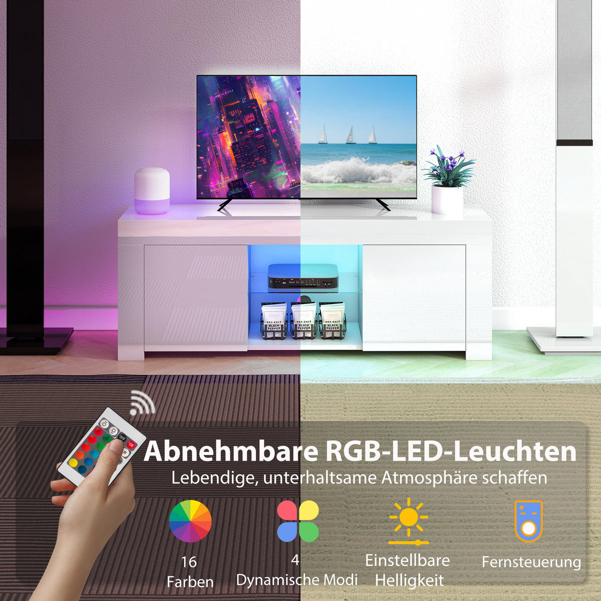 TV-SCHRANK mit LED-Beleuchtung, 2 Schranktüren, Glasregal, Kabellöcher Weiß - Weiß Hochglanz/Weiß, Glas/Holzwerkstoff (34/45/120cm) - HOMCOM