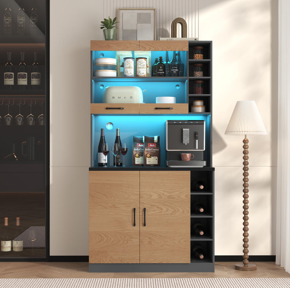 BUFFET Aufbewahrungsschrank 100x47x187cm Natur mit Glas & LED Beleuchtung - Naturfarben, Holzwerkstoff (100/187/47cm) - Modfu