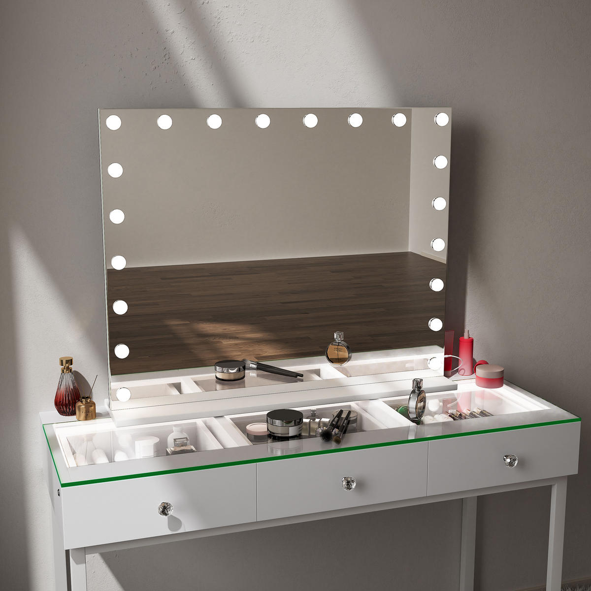 SCHMINKSPIEGEL mit LED-Beleuchtung weiß 100/80 cm - Weiß, Metall (100/80/15cm) - VANITII