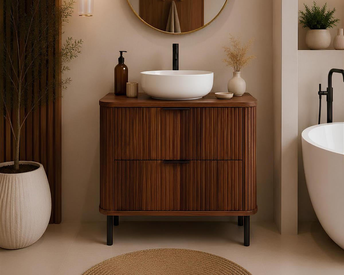 BADEZIMMERSCHRANK : Farbe Eiche-Nussbaum, Griff schwarz, Füße schwarz, 80 x 41,5 x 66,7 cm - Schwarz/Braun, Holzwerkstoff (80/66.7/41.5cm) - 3XE LIVING