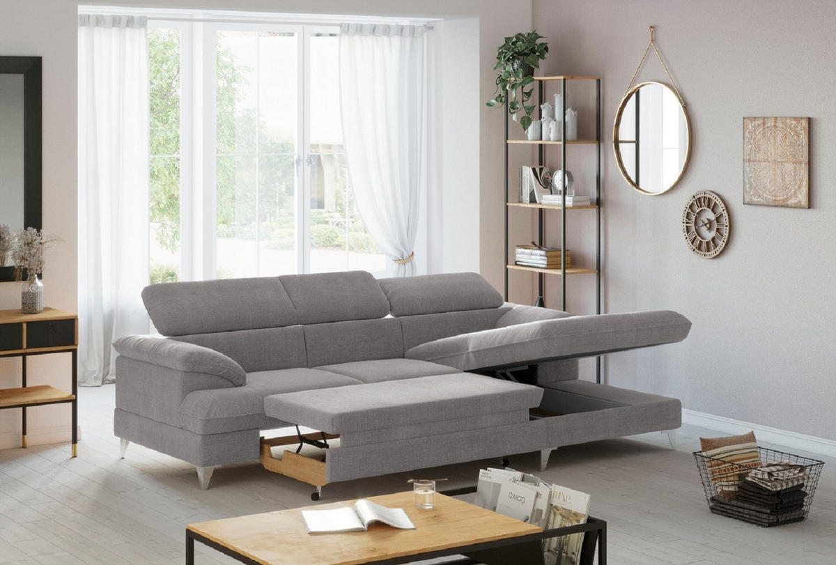 ECKSOFA mit Schlaffunktion und Bettkasten, verstellbare Kopfstützen - Chromfarben/Grau, Textil/Metall (167/254cm) - Cotta