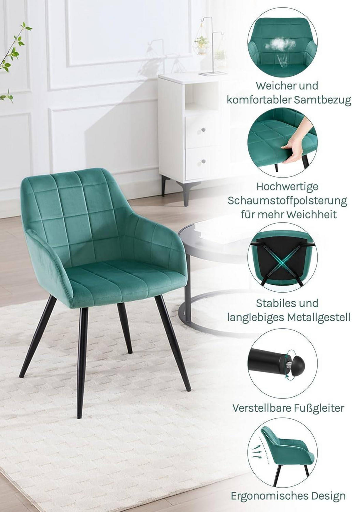 ESSZIMMERSTUHL 1er Set, Küchenstühle mit Armlehnen Metallbeinen - Türkis/Schwarz, Textil/Metall (56/81/62cm) - Woltu