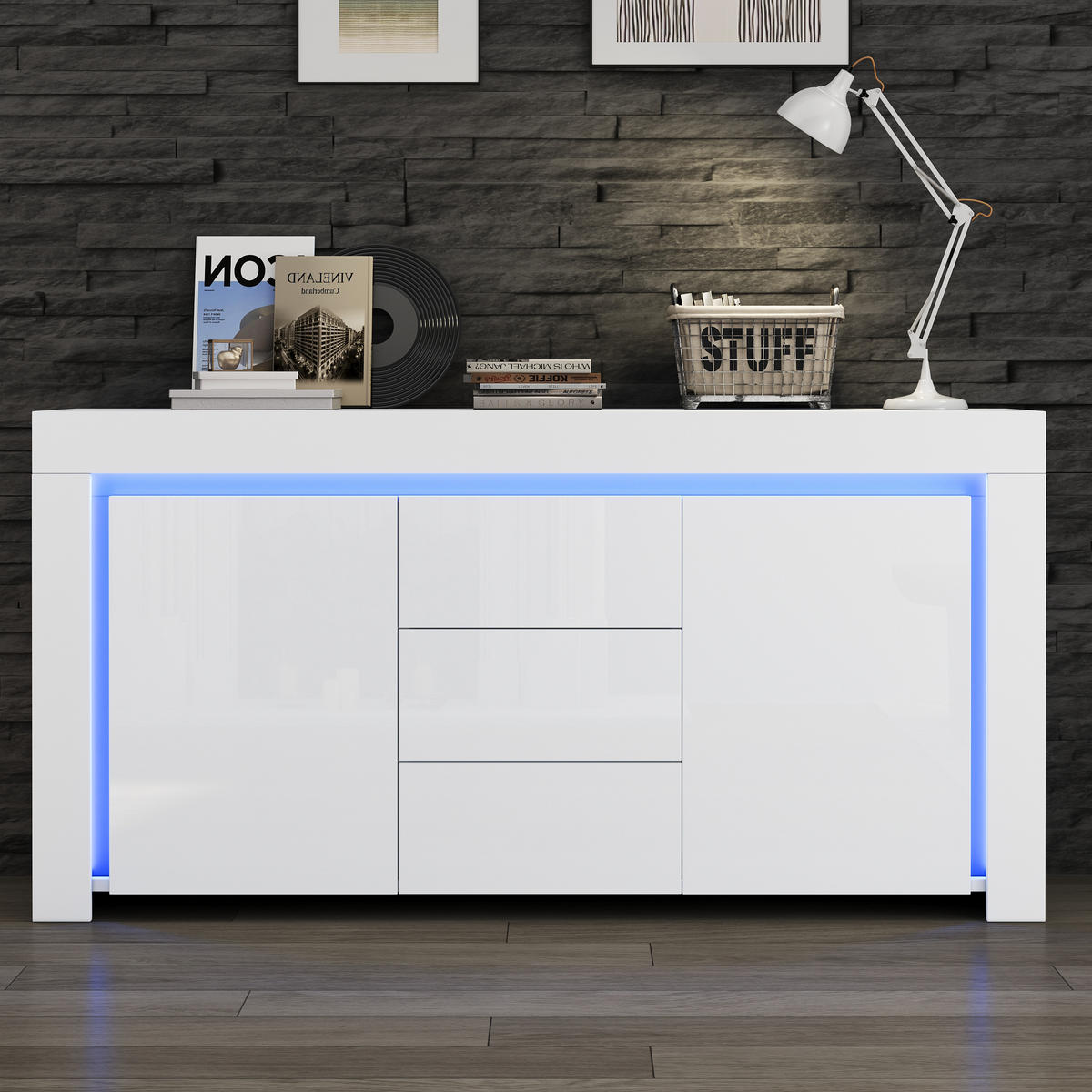 SIDEBOARD 140/40/65 cm in Weiß Hochglanz mit 2 Türen, 3 Schubladen & LED - Weiß, Holzwerkstoff (140/65/40cm) - BEAOK