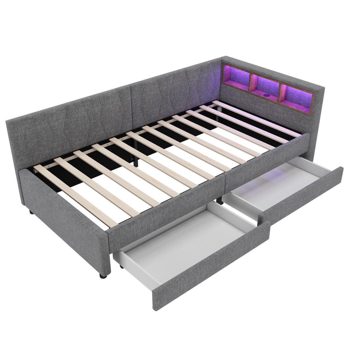 POLSTERBETT 90/200 cm mit Schubladen, LED und USB- und Type-C-Anschlüssen - Grau, Textil (90/200cm) - Flora Grace