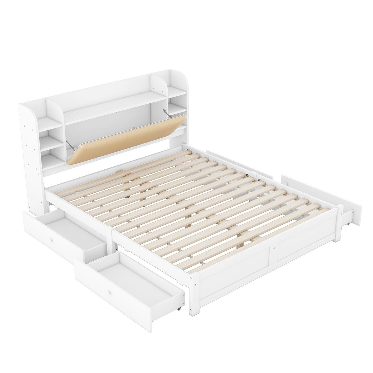 HOLZBETT 180/200 cm aus Kiefernholz mit Stauraum und klappbarem Kopfteil - Weiß, Holz (180/200cm) - OKWISH