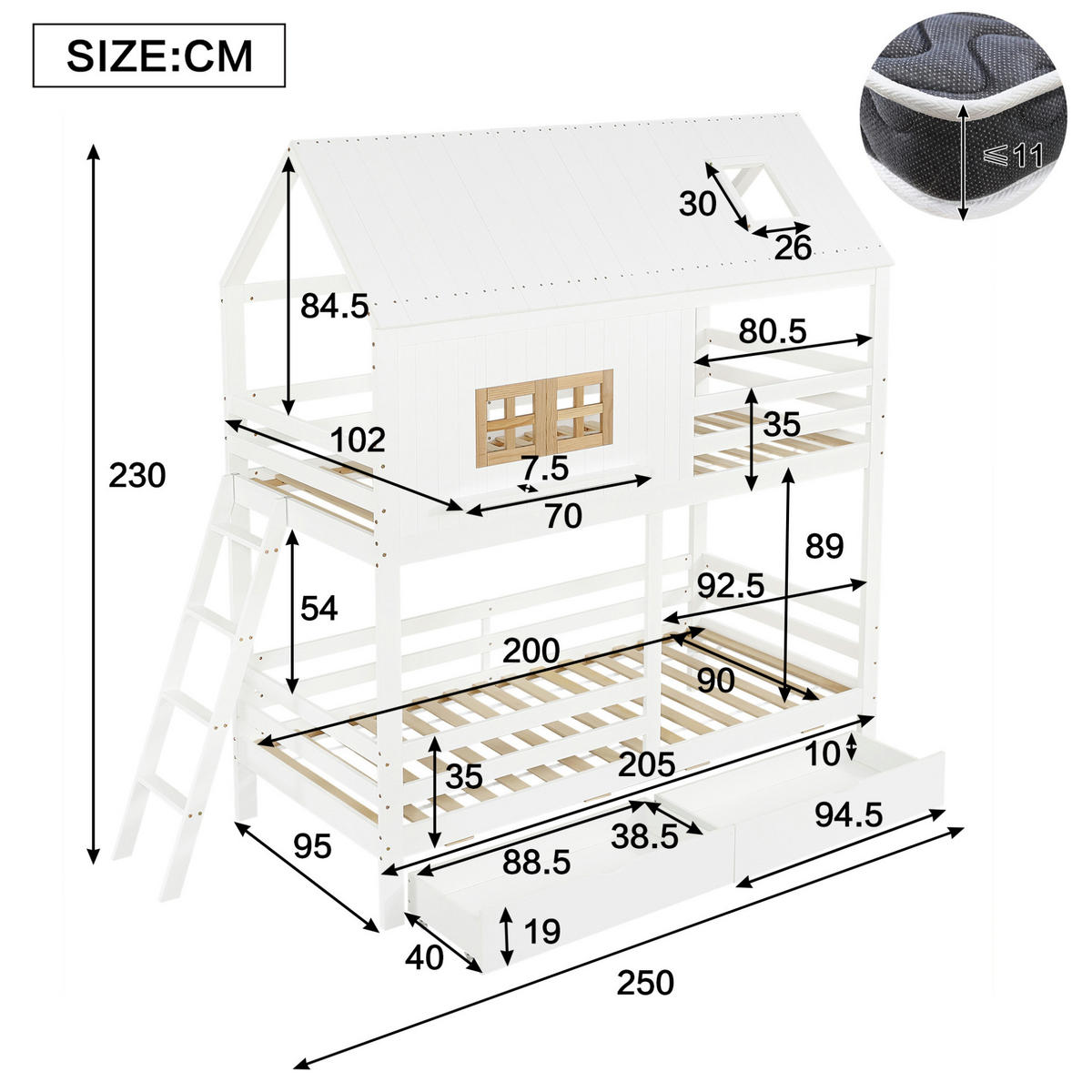 ETAGENBETT 90/200 cm weiß und natur aus Kiefer mit Fenster und Dach - Weiß, Holz (90/200cm) - OKWISH