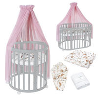 BABYBETT GREY OVAL 7in1 mit Matratze und Himmelset - Rosa/Grau, Holz/Textil