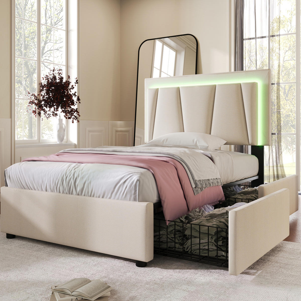 POLSTERBETT 90x200 cm Beige mit Matratze, LED-Beleuchtung, 2 Schubladen und verstellbarem Kopfteil - Beige, Holzwerkstoff (90/200cm) - IVMEU
