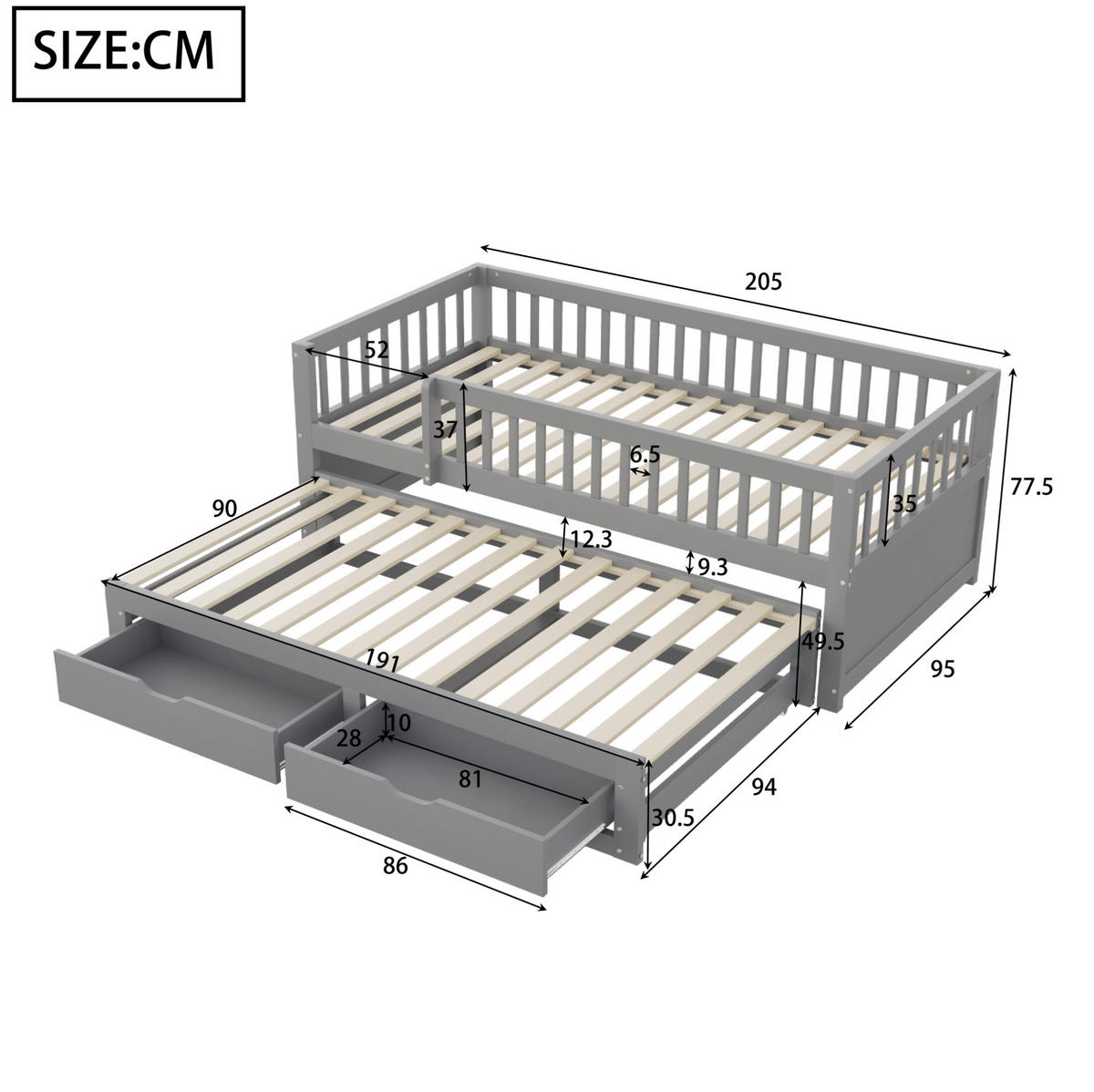SCHLAFSOFA 90/200 cm mit Ausziehbett, 2 Schubladen und Rundum-Sicherheitsgitter, Grau - Grau, Holzwerkstoff (95/77.5/205cm) - Redom