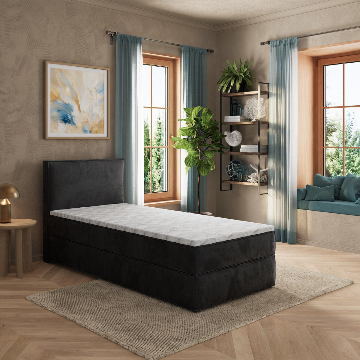 BOXBETT PELLIO 90x200 cm mit Matratze und Topper - Schwarz - Schwarz, Holz (90/200cm) - MASSENO