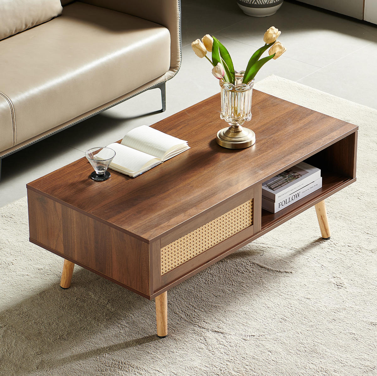 KONFERENČNÍ stolek 105/55/40 cm hnědý z MDF s ratanovými posuvnými dvířky - hnědá, kompozitní dřevo (105/55/40cm) - OKWISH