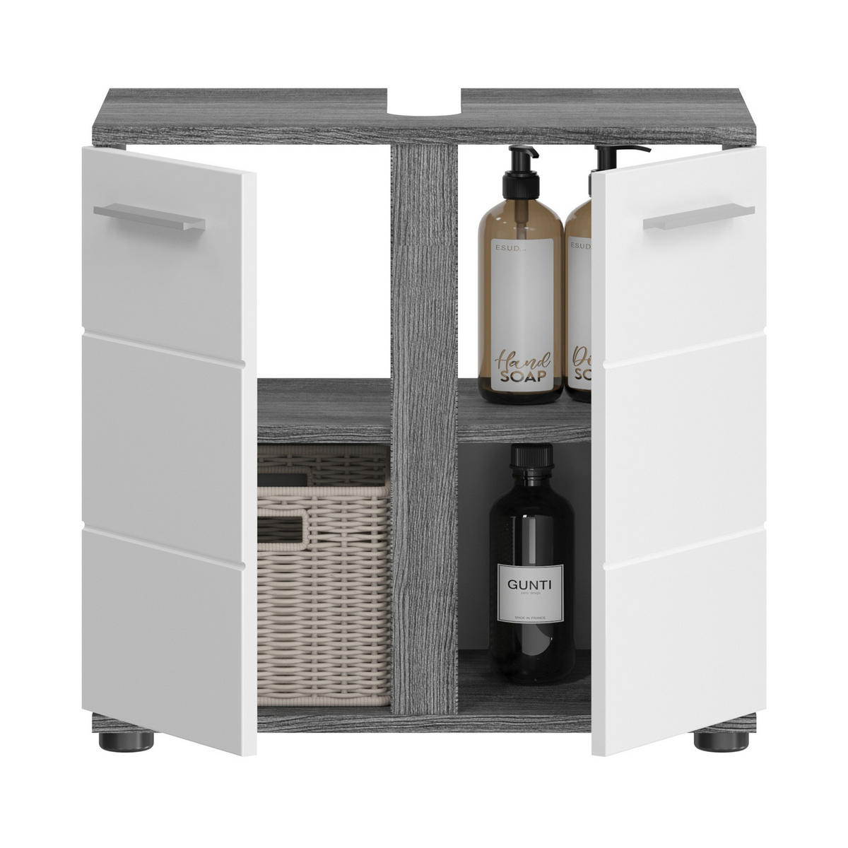 WASCHBECKENUNTERSCHRANK weiß Hochglanz, grau 60 cm, Badezimmer Unterschrank 2-türig - Weiß Hochglanz/Silberfarben, Holzwerkstoff/Kunststoff (60/57/34cm) - Inn.Furn