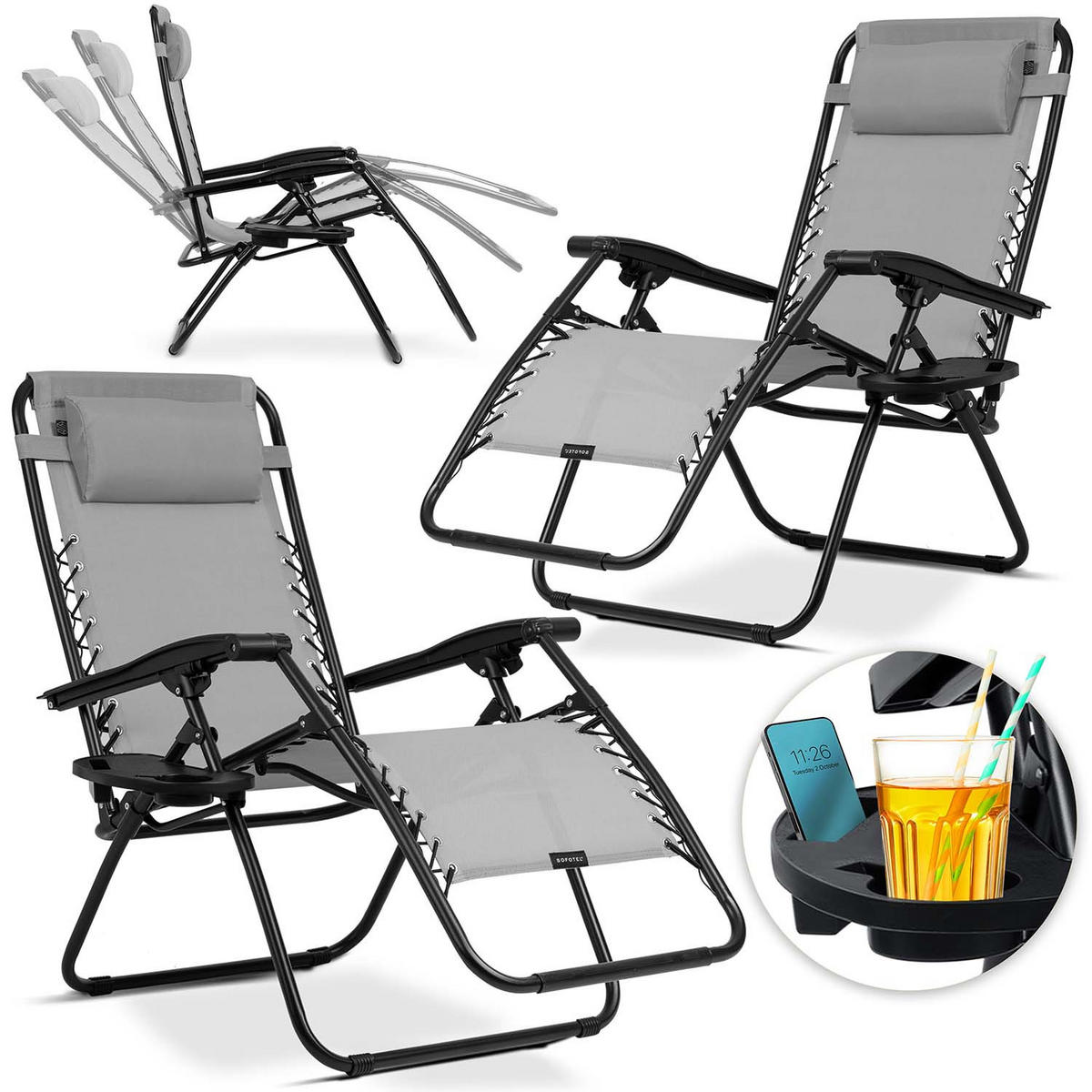GARTEN-RELAXSESSEL Klappbarer mit Kissen, 2er Set, Grau - Grau, Metall (60/102/110cm)