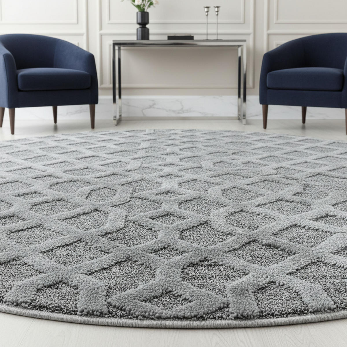 TEPPICH Esszimmer 3D Grafisch Elegant Waschbar Wohnzimmer Rund Grau 160x160 cm – EISACK - Grau, Textil (160/160cm) - KADIMA DESIGN