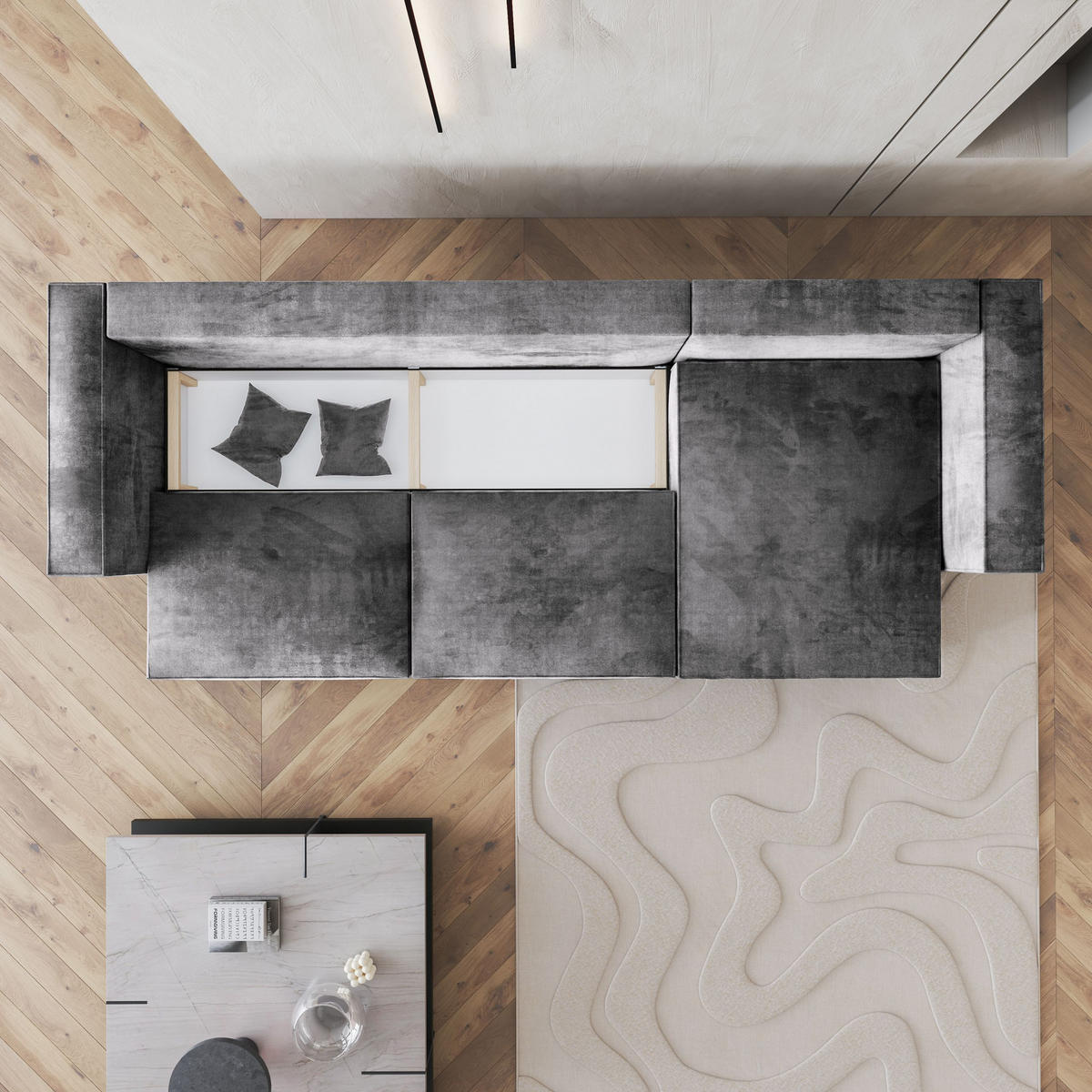 ECKSOFA TOLMO M Grau Velours-Stoff mit Schlaffunktion - Grau, Holz (347/148cm) - MASSENO