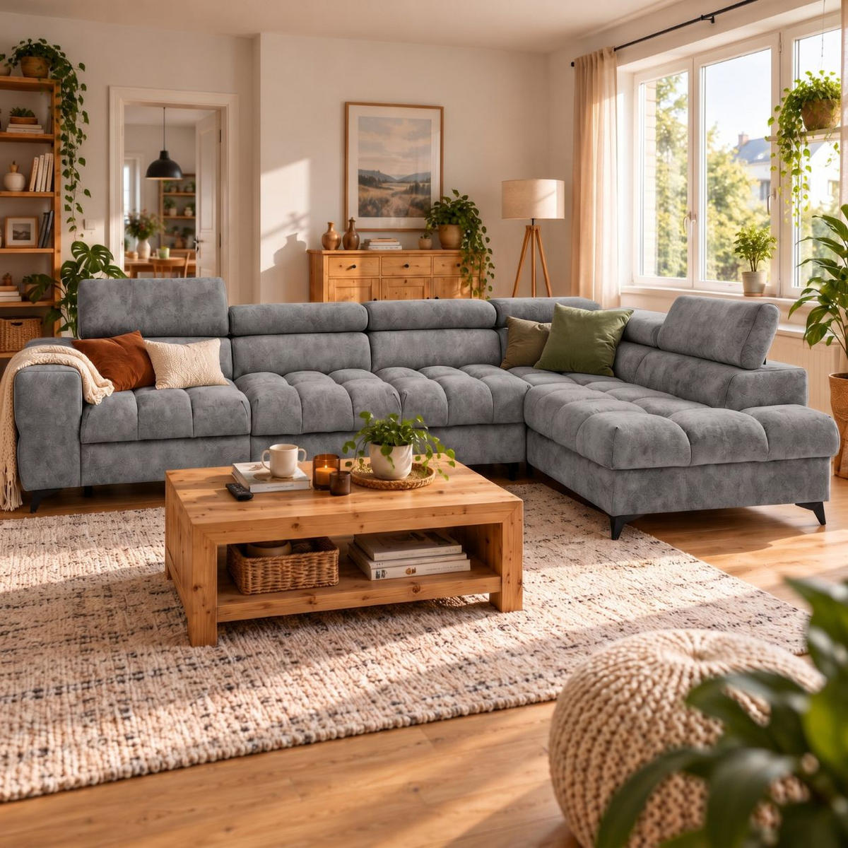 ECKSOFA PUDDING MAXI L Rechts mit Schlaffunktion 125x195 Velours Grau - Schwarz/Grau, Holz/Textil (203/350cm) - Muffo
