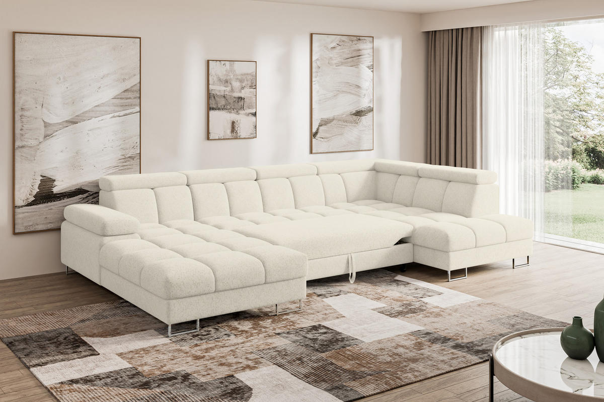 WOHNLANDSCHAFT mit Schlaffunktion und Bettkasten Ottomane RECHTS COMA U 345x203x79 Creme Velours - Creme, Holzwerkstoff/Textil (203/79/345cm) - ALTDECOR