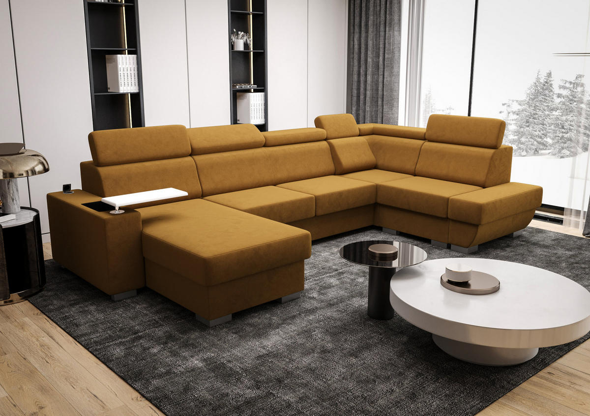 WOHNLANDSCHAFT KONGO RBN20, Eckcouch in U-Form mit Schlaffunktion, Farbe: Gelb, Velourstoff, Ottomane Links - Gelb, Textil (340/103/200cm) - O-Sofa
