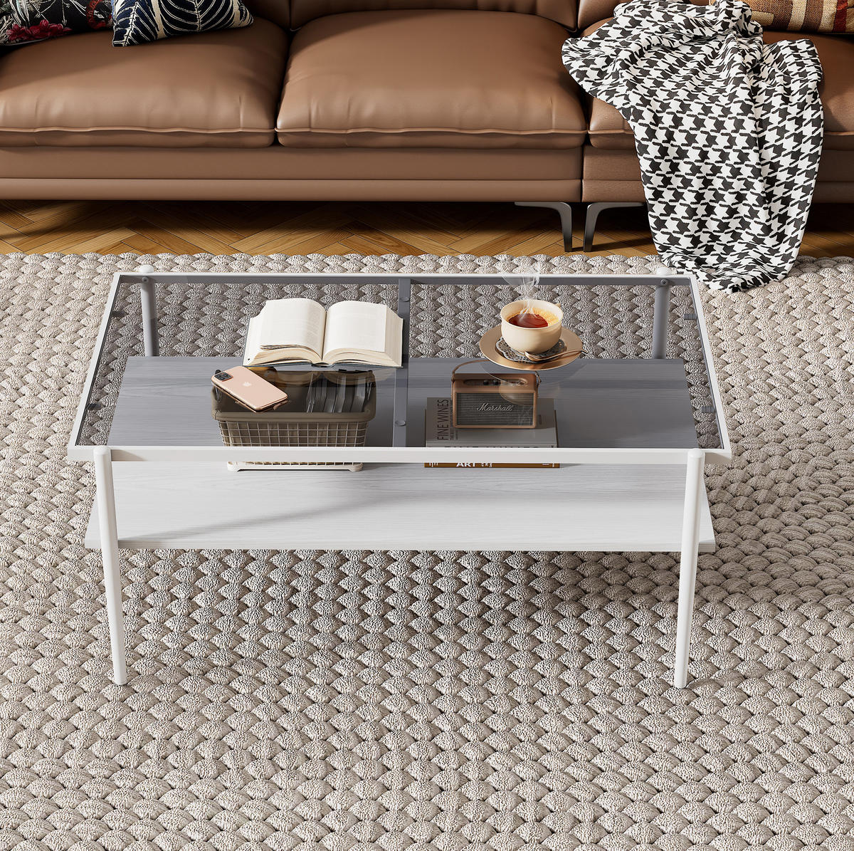 KONFERENČNÍ stolek 97,5/61,5/45 cm šedý a bílý z MDF a skla s tvrzenou deskou - bílá, sklo (97.5/61.5/45cm) - OKWISH