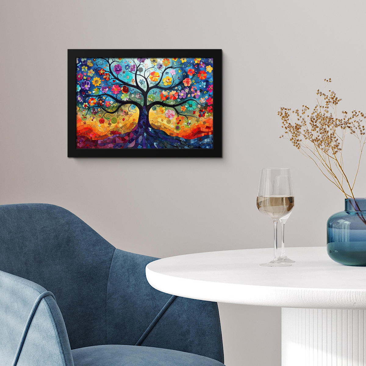 POSTER MIT RAHMEN Kunst - Baum des Lebens - Blumen - Hippie 30x20 cm - Dunkelblau, Papier (30/20cm) - MuchoWow